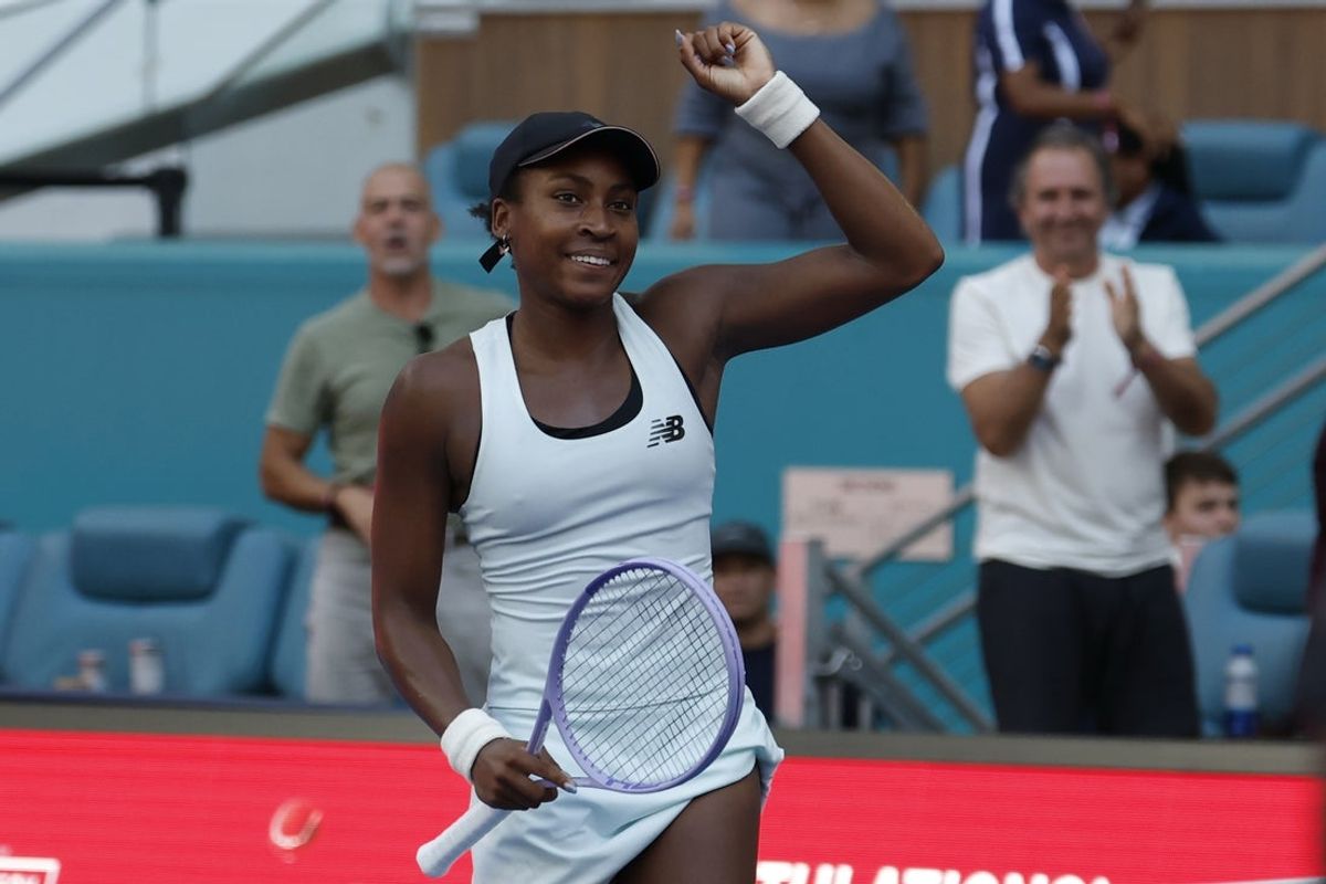 Mar 23, 2026; Miami Gardens, FL, USA; Coco Gauff (USA) celebrates after her match against Sorana Cirstea (ROU) (not pictured) on day 7 of the 2026 Miami Open at Hard Rock Stadium. Mandatory Credit: Geoff Burke-Imagn Images