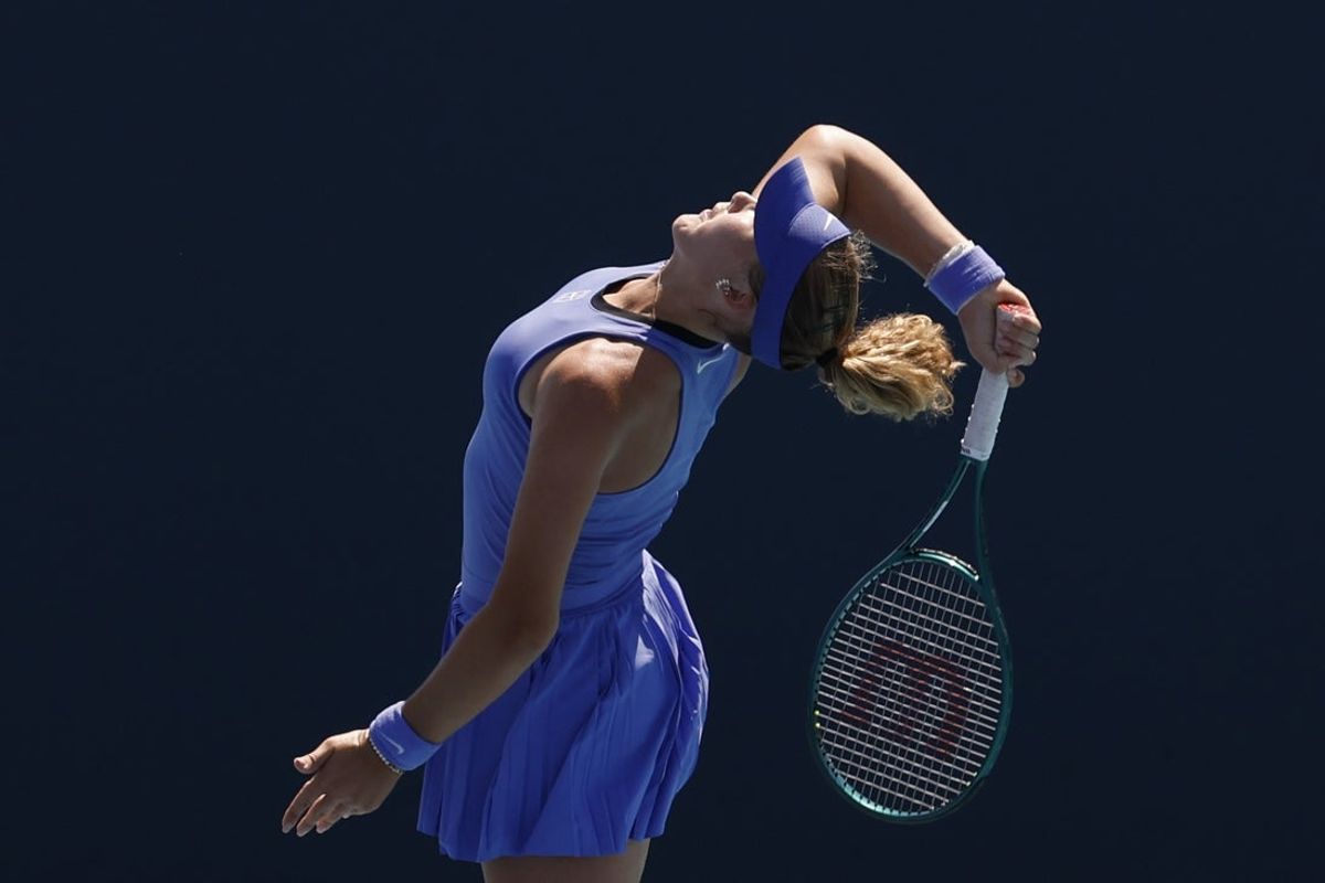Mar 23, 2026; Miami Gardens, FL, USA; Mirra Andreeva serves against Victoria Mboko (CAN) (not pictured) on day 7 of the 2026 Miami Open at Hard Rock Stadium. Mandatory Credit: Geoff Burke-Imagn Images