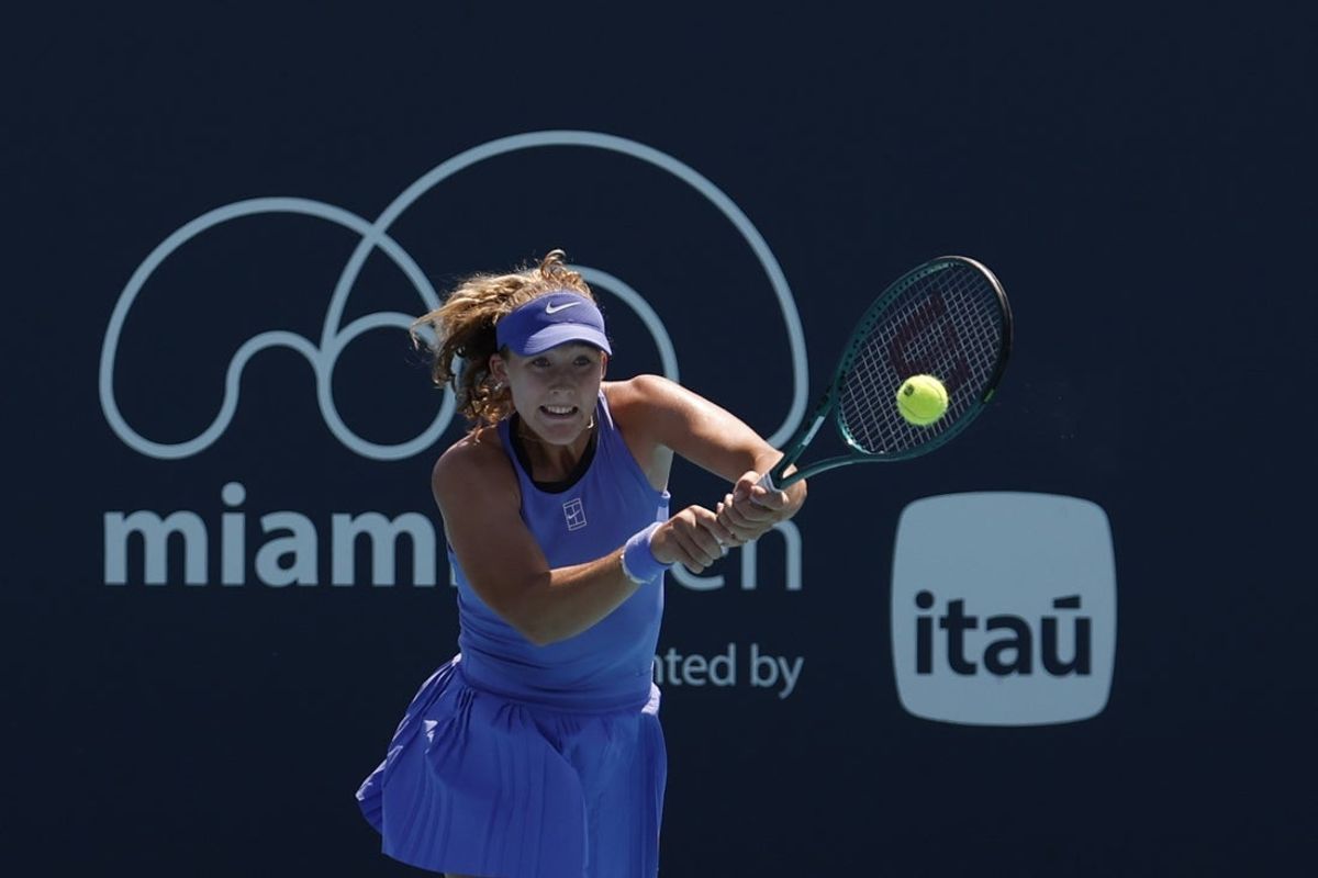 Mar 23, 2026; Miami Gardens, FL, USA; Mirra Andreeva hits a backhand against Victoria Mboko (CAN) (not pictured) on day 7 of the 2026 Miami Open at Hard Rock Stadium. Mandatory Credit: Geoff Burke-Imagn Images