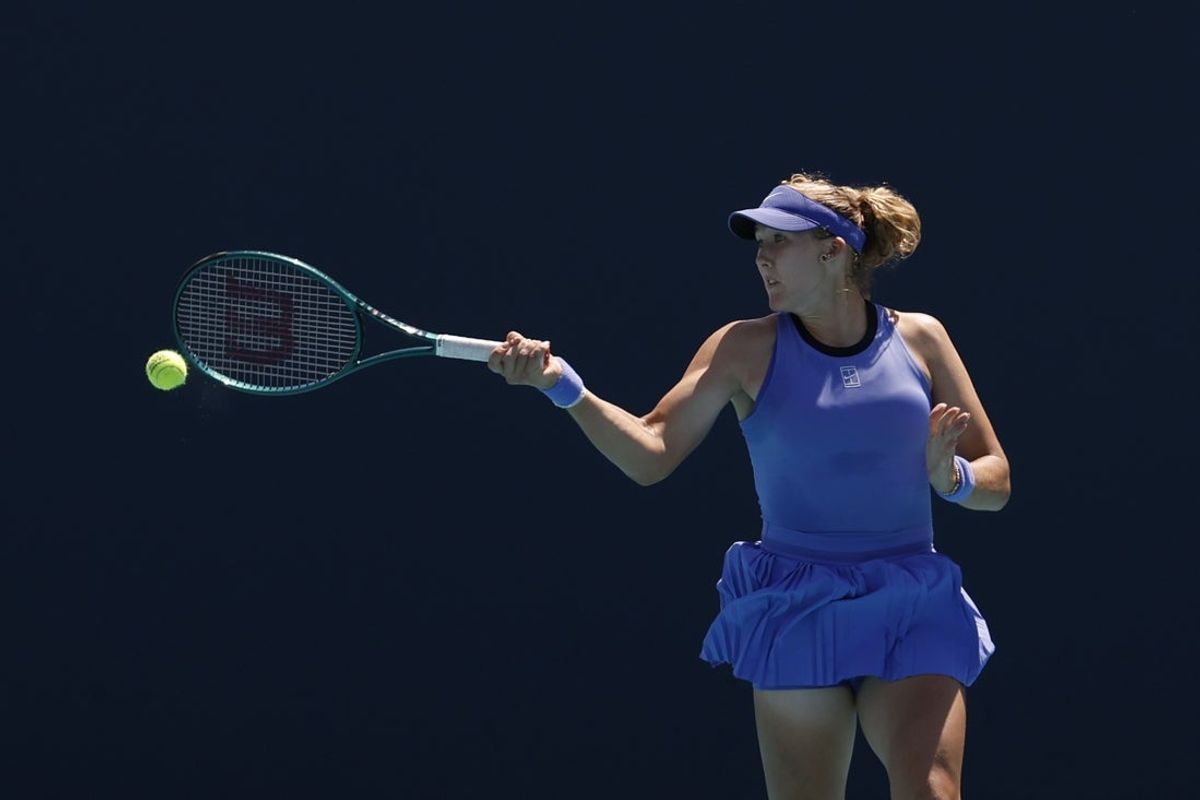Mar 23, 2026; Miami Gardens, FL, USA; Mirra Andreeva hits a forehand against Victoria Mboko (CAN) (not pictured) on day 7 of the 2026 Miami Open at Hard Rock Stadium. Mandatory Credit: Geoff Burke-Imagn Images