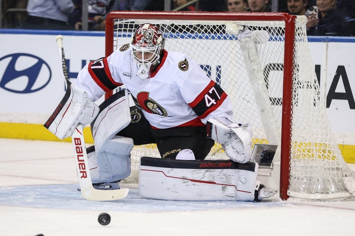 Mar 23, 2026; New York, New York, USA;  Ottawa Senators goaltender James Reimer (47) defends the net in the first period against the New York Rangers at Madison Square Garden. Mandatory Credit: Wendell Cruz-Imagn Images