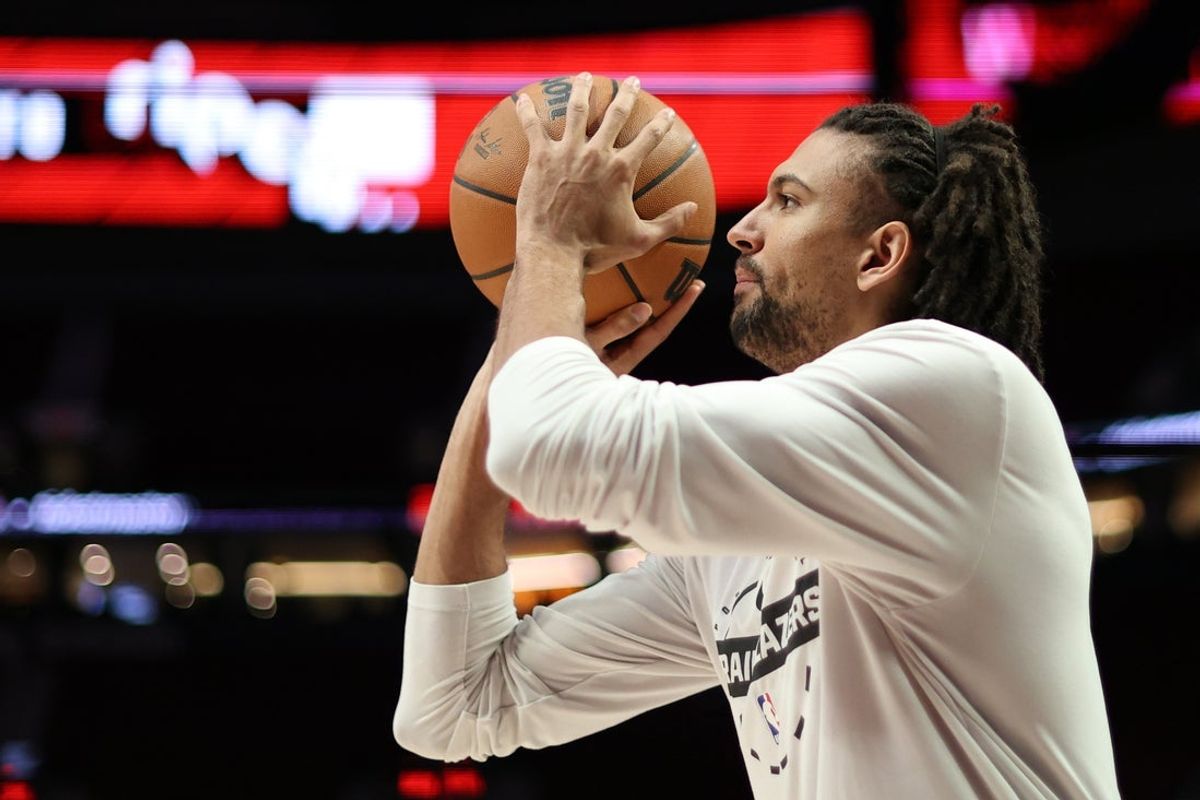 Mar 23, 2026; Portland, Oregon, USA;  Portland Trail Blazers guard/forward Matisse Thybulle (4) shoots the ball during warm ups before the Trail Blazers play against the Brooklyn Nets at Moda Center. Mandatory Credit: Jaime Valdez-Imagn Images