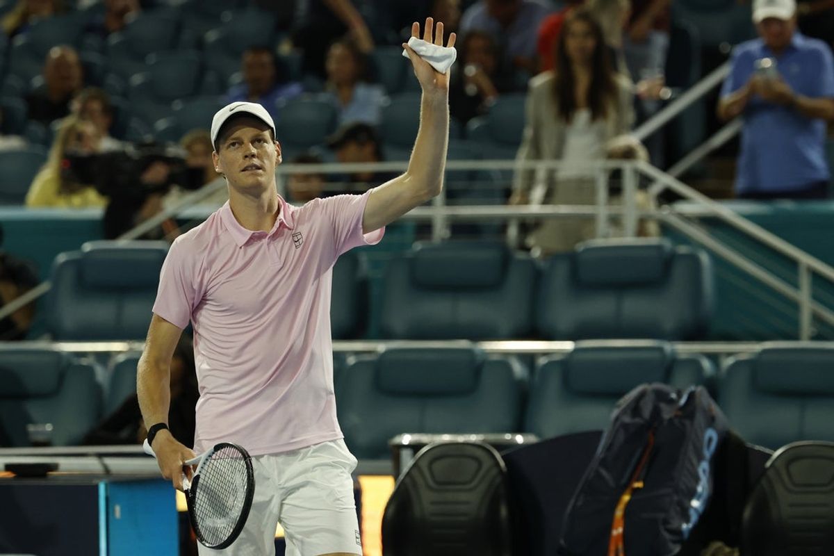 Mar 23, 2026; Miami Gardens, FL, USA; Jannik Sinner (ITA) waves to the crowd after his match against Corentin Moutet (FRA) (not pictured) on day 7 of the 2026 Miami Open at Hard Rock Stadium. Mandatory Credit: Geoff Burke-Imagn Images