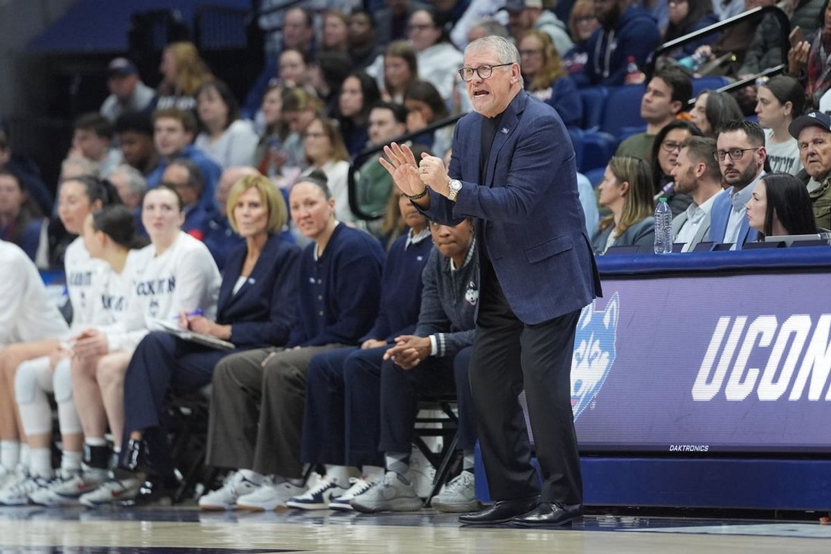 Mar 23, 2026; Storrs, CT, USA; UConn Huskies head coach Geno Auriemma motions to his players on the court during the second half of the second round game of the women’s 2026 NCAA Tournament at Harry A. Gampel Pavilion. Mandatory Credit: Gregory Fisher-Imagn Images