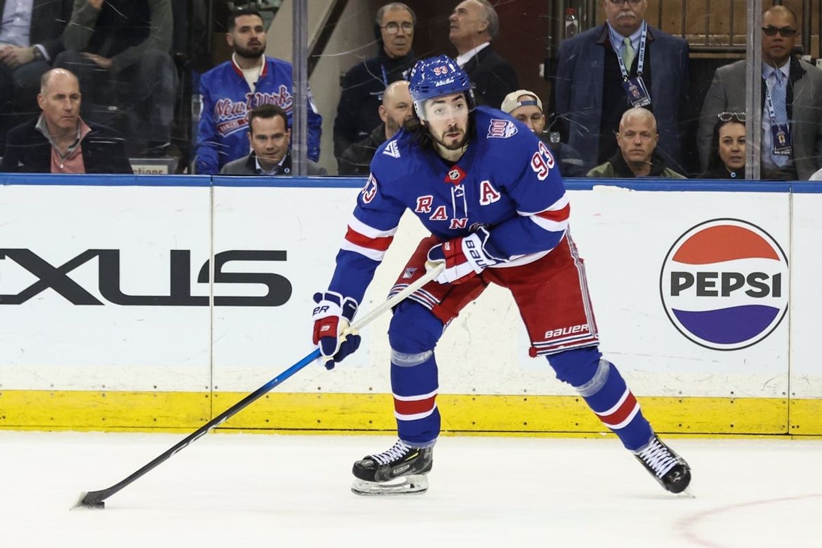 Mar 23, 2026; New York, New York, USA;  New York Rangers center Mika Zibanejad (93) controls the puck in the first period against the Ottawa Senators at Madison Square Garden. Mandatory Credit: Wendell Cruz-Imagn Images