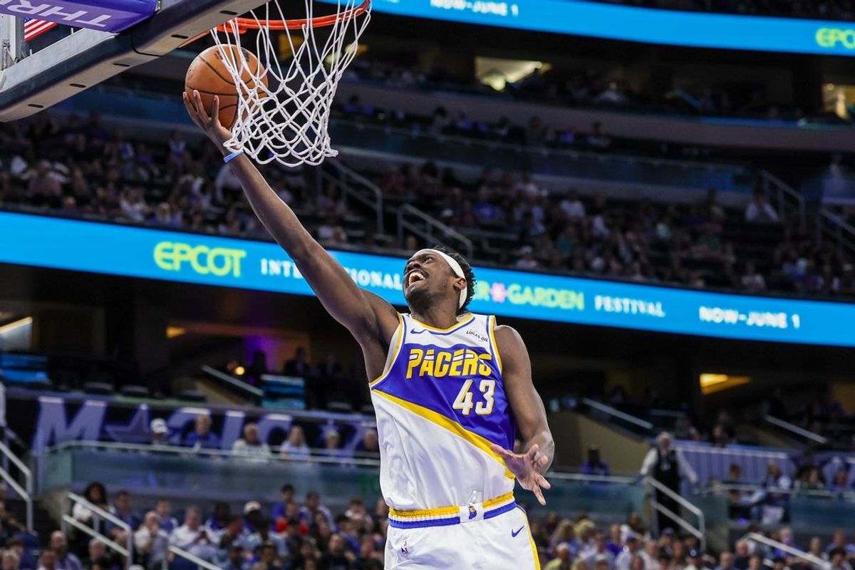 Mar 23, 2026; Orlando, Florida, USA; Indiana Pacers forward Pascal Siakam (43) lays up during the second half against the Orlando Magic at Kia Center. Mandatory Credit: Mike Watters-Imagn Images