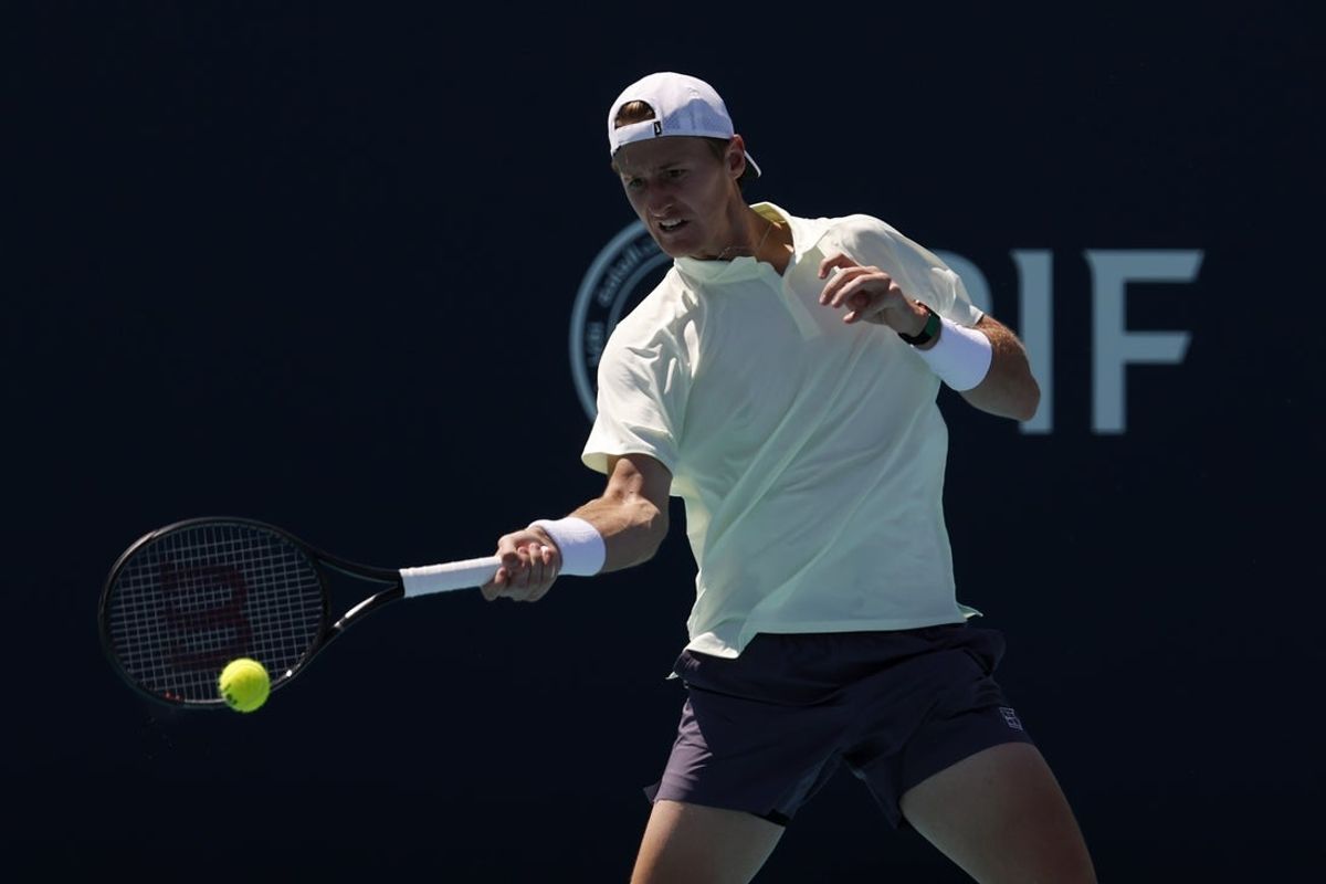 Mar 24, 2026; Miami Gardens, FL, USA; Sebastian Korda (USA) hits a forehand against Martin Landaluce (ESP) (not pictured) on day eight of the 2026 Miami Open at Hard Rock Stadium. Mandatory Credit: Geoff Burke-Imagn Images