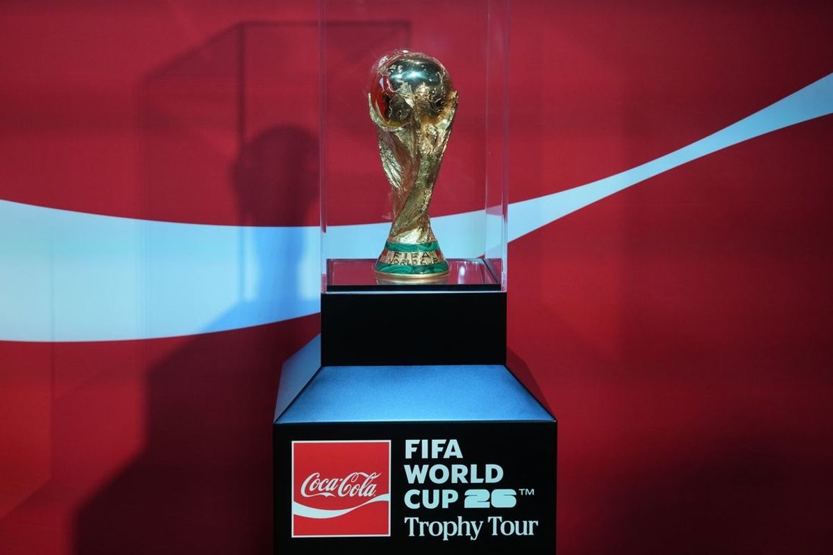 Mar 24, 2026; Los Angeles, CA, USA; The FIFA World Cup trophy at the FIFA World Cup 26 Trophy Tour by Coca-Cola at The Coke Studio at LA Live. Mandatory Credit: Kirby Lee-Imagn Images
