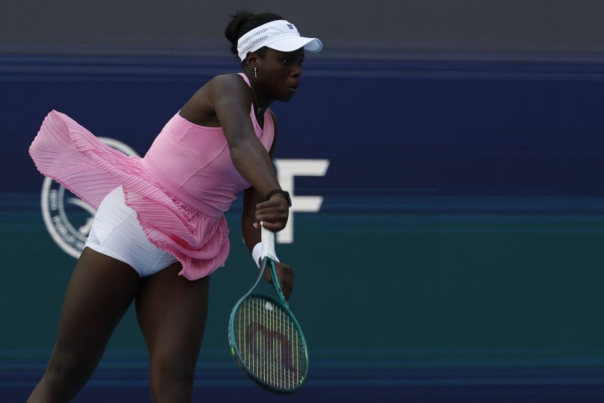 Mar 24, 2026; Miami Gardens, FL, USA; Victoria Mboko (CAN) serves against Karolina Muchova (CZE) (not pictured) on day eight of the 2026 Miami Open at Hard Rock Stadium. Mandatory Credit: Geoff Burke-Imagn Images