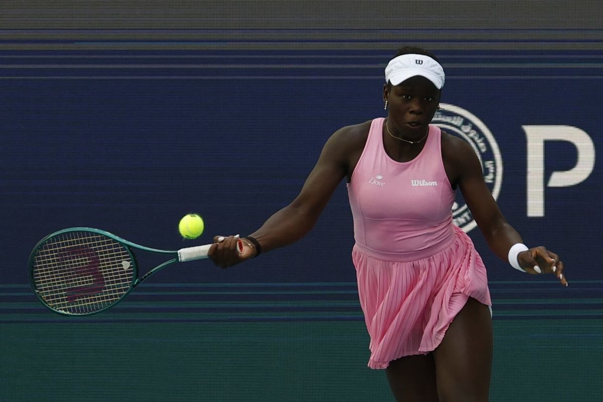 Mar 24, 2026; Miami Gardens, FL, USA; Victoria Mboko (CAN) hits a forehand against Karolina Muchova (CZE) (not pictured) on day eight of the 2026 Miami Open at Hard Rock Stadium. Mandatory Credit: Geoff Burke-Imagn Images