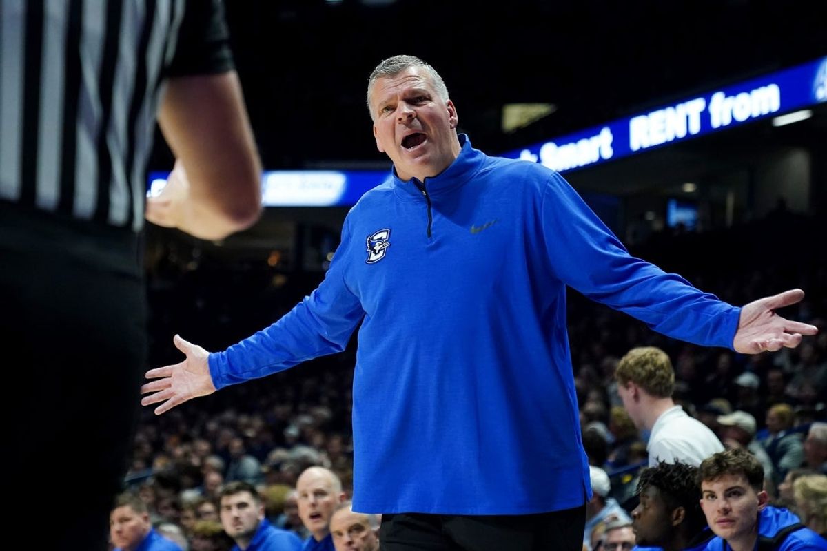 Creighton Bluejays head coach Greg McDermott argues with an official in the first half of a college basketball game against the Xavier Musketeers, Wednesday, Jan. 11, 2023, at Cintas Center in Cincinnati.