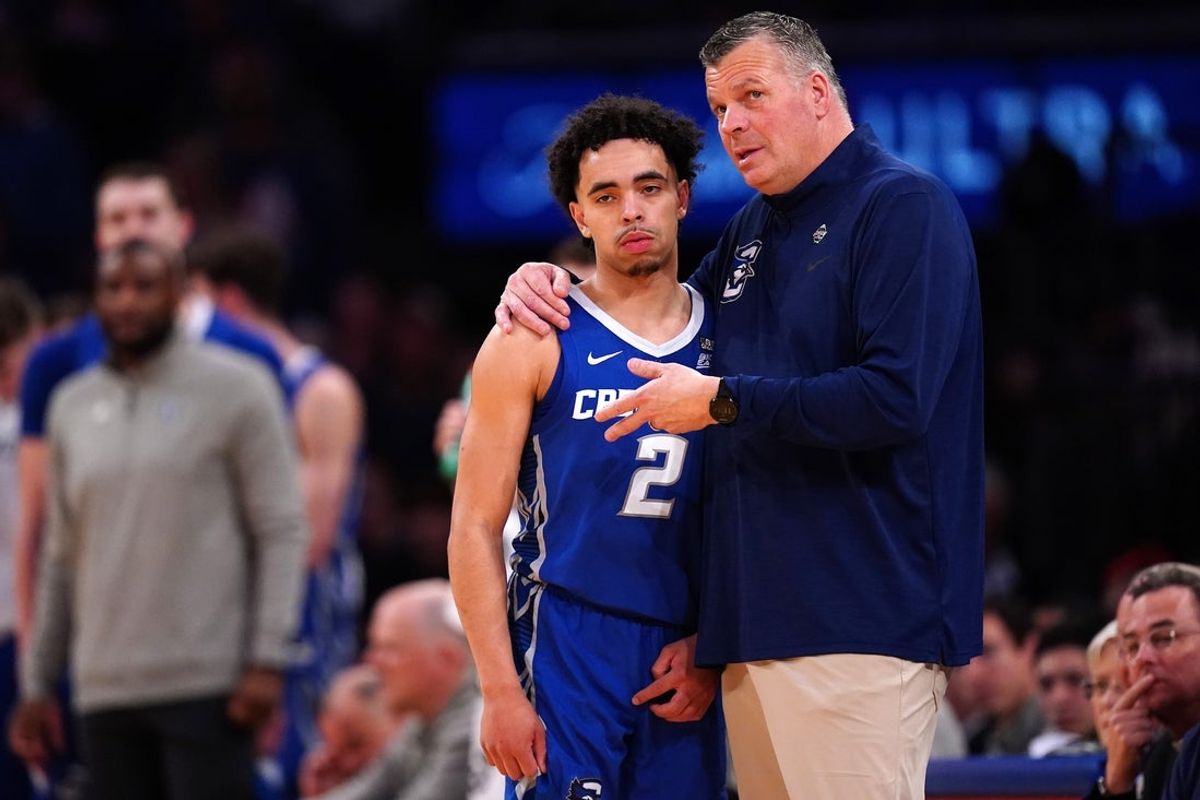 Creighton Bluejays head coach Greg McDermott talks with Creighton Bluejays guard Ryan Nembhard (2) in the second half of an NCAA college basketball game against the Xavier Musketeers during the semifinal round of the Big East Conference tournament, Friday, March 10, 2023, at Madison Square Garden in New York.
