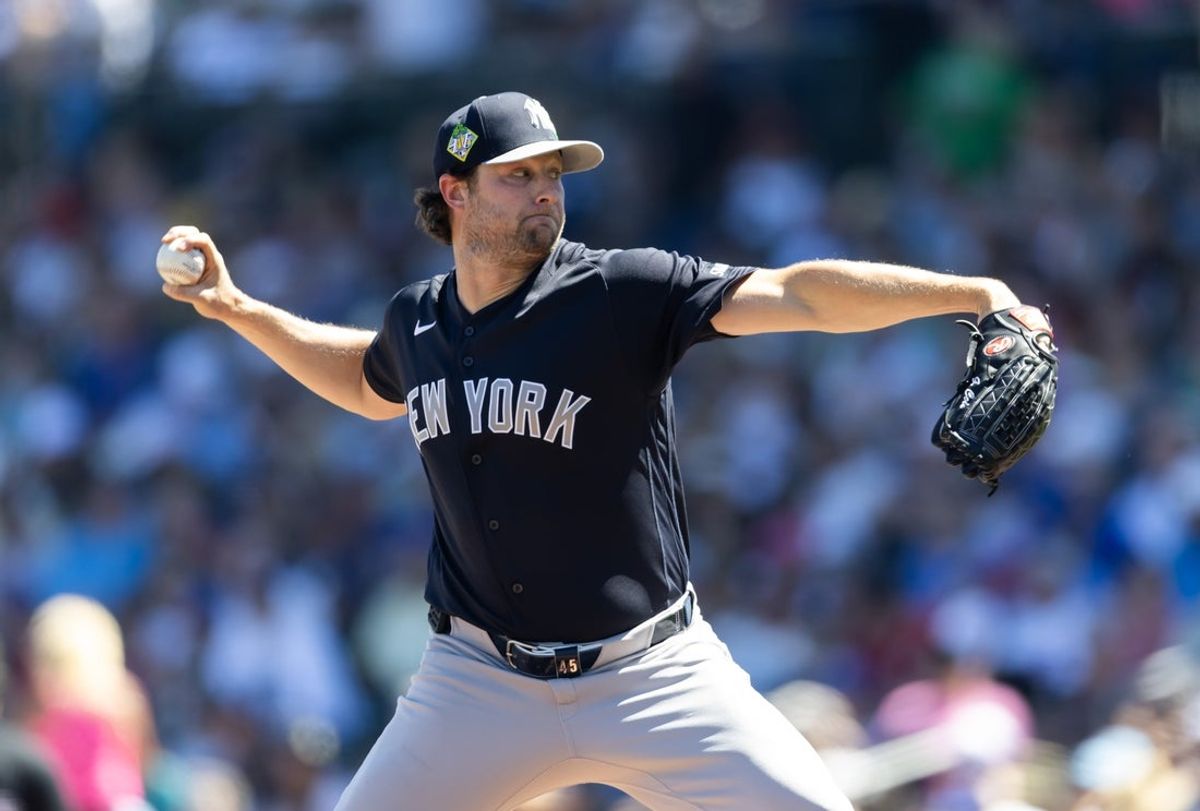 Mar 24, 2026; Mesa, Arizona, USA; New York Yankees pitcher Gerrit Cole against the Chicago Cubs during spring training at Sloan Park. Mandatory Credit: Mark J. Rebilas-Imagn Images