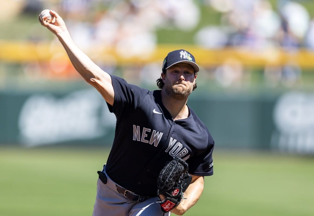 Mar 24, 2026; Mesa, Arizona, USA; New York Yankees pitcher Gerrit Cole against the Chicago Cubs during spring training at Sloan Park. Mandatory Credit: Mark J. Rebilas-Imagn Images