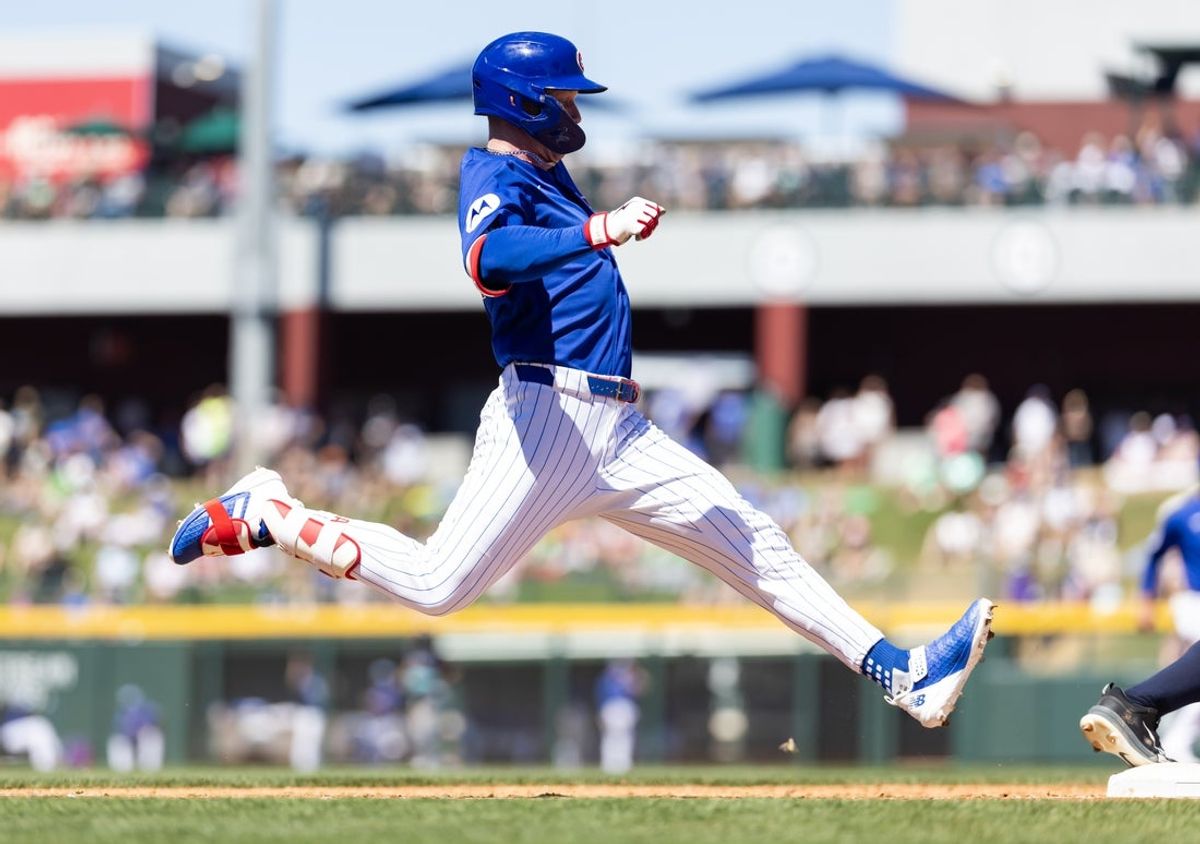 Mar 24, 2026; Mesa, Arizona, USA; Chicago Cubs outfielder Pete Crow-Armstrong against the New York Yankees during spring training at Sloan Park. Mandatory Credit: Mark J. Rebilas-Imagn Images