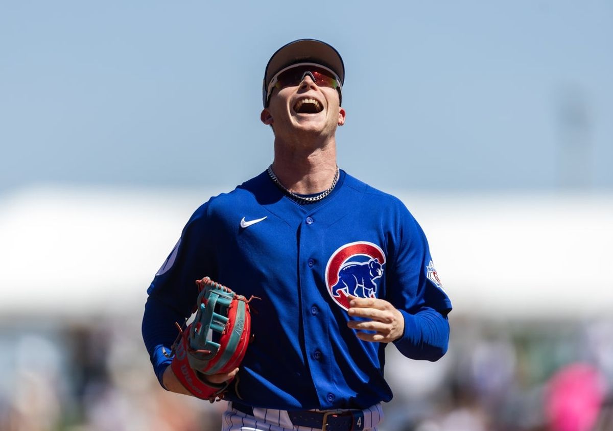 Mar 24, 2026; Mesa, Arizona, USA; Chicago Cubs outfielder Pete Crow-Armstrong against the New York Yankees during spring training at Sloan Park. Mandatory Credit: Mark J. Rebilas-Imagn Images