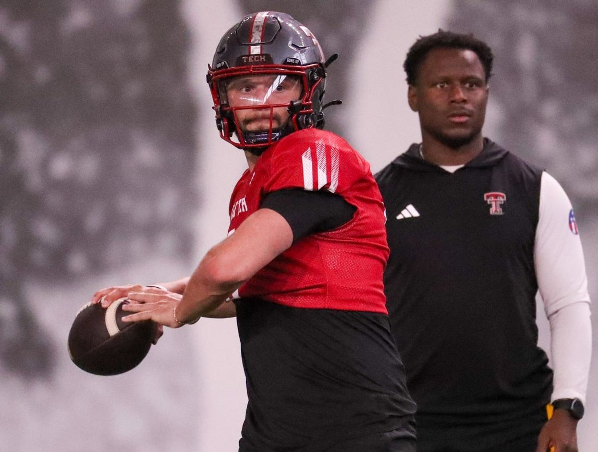 Texas Tech's Brendan Sorsby goes through a drill during spring football practice, Tuesday, March 24, 2026, at the Womble Football Center.