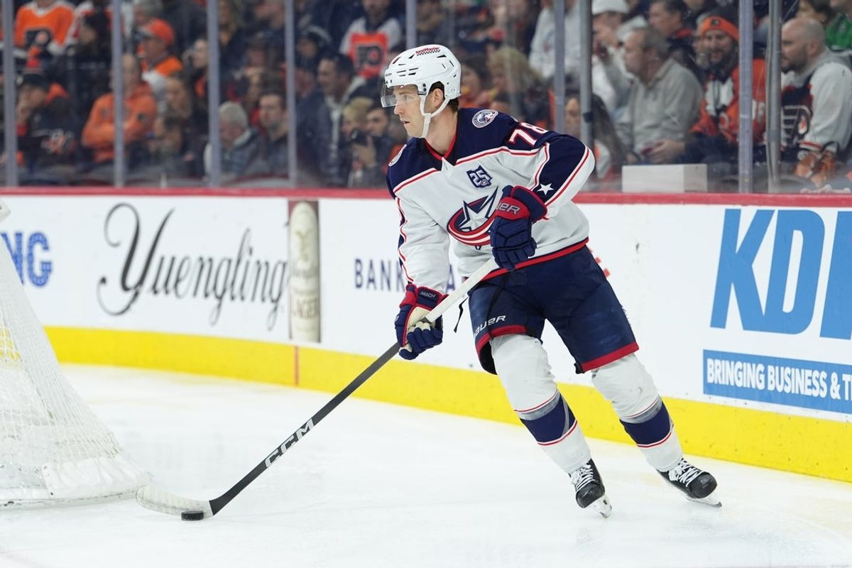 Mar 24, 2026; Philadelphia, Pennsylvania, USA; Columbus Blue Jackets defenseman Damon Severson (78) controls the puck against the Philadelphia Flyers in the first period at Xfinity Mobile Arena. Mandatory Credit: Kyle Ross-Imagn Images