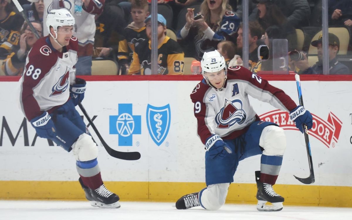 Mar 24, 2026; Pittsburgh, Pennsylvania, USA;  Colorado Avalanche center Nathan MacKinnon (29) reacts after scoring a goal against the Pittsburgh Penguins during the first period at PPG Paints Arena. Mandatory Credit: Charles LeClaire-Imagn Images