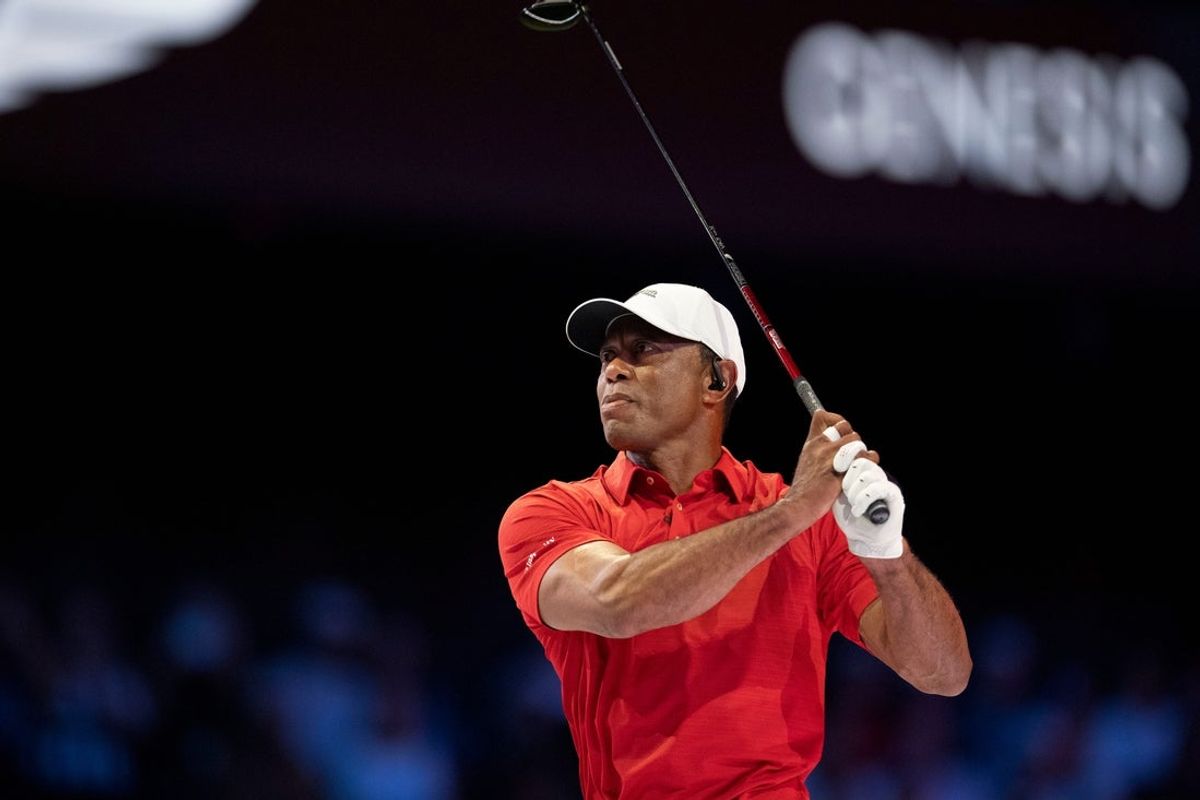 Tiger Woods of Jupiter Links GC tees off during match against Los Angeles Golf Club during the TGL finals at SoFi Center on March 24, 2026, in Palm Beach Gardens, Florida.