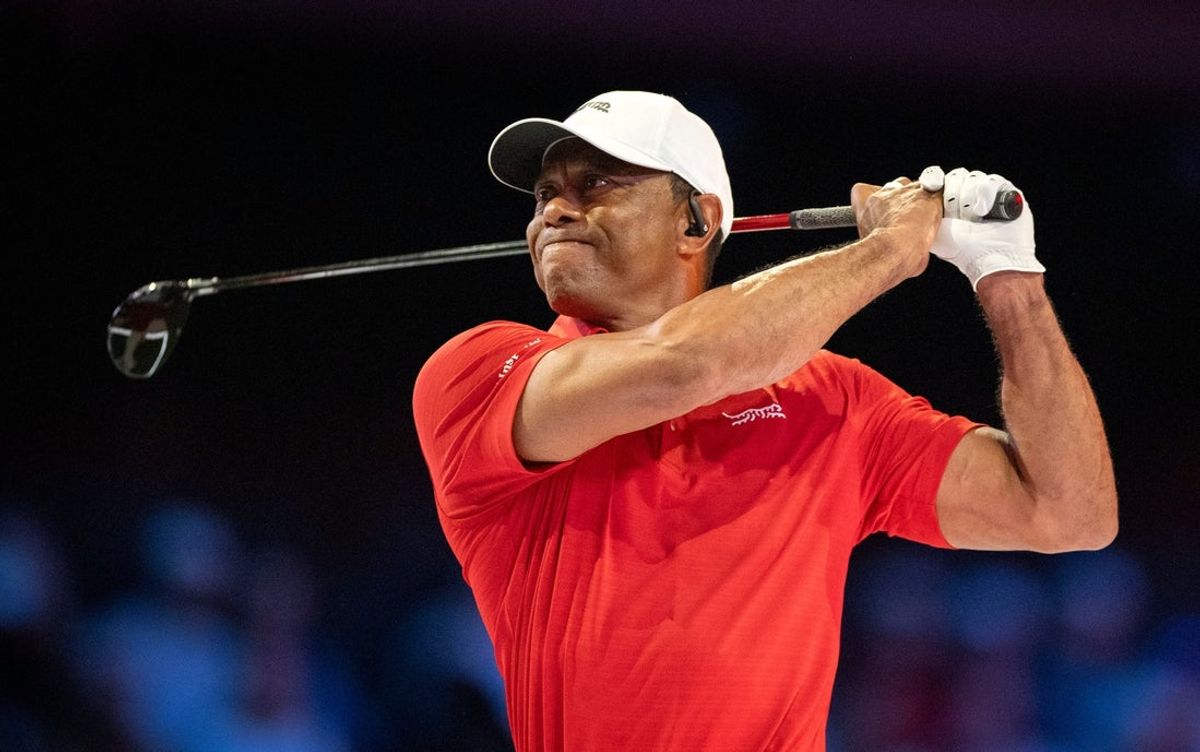 Tiger Woods of Jupiter Links GC tees off during match against Los Angeles Golf Club during the TGL finals at SoFi Center on March 24, 2026, in Palm Beach Gardens, Florida.