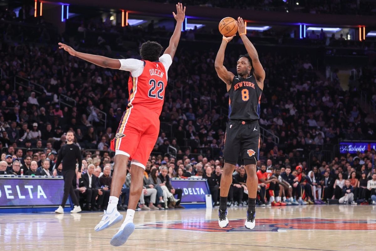 Mar 24, 2026; New York, New York, USA;  New York Knicks forward Og Anunoby (8) takes a three point shot past New Orleans Pelicans center Derik Queen (22) in the first quarter at Madison Square Garden. Mandatory Credit: Wendell Cruz-Imagn Images
