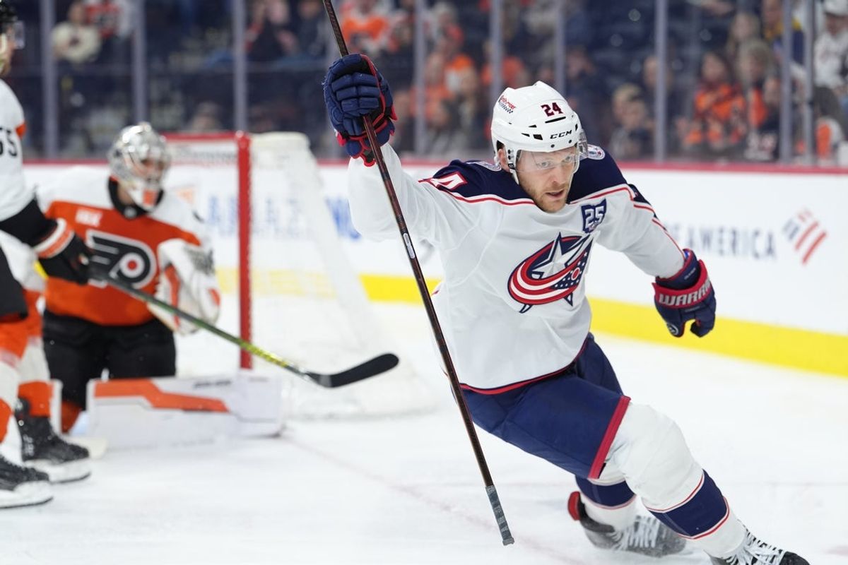 Mar 24, 2026; Philadelphia, Pennsylvania, USA; Columbus Blue Jackets right wing Mathieu Olivier (24) reacts after scoring a goal against the Philadelphia Flyers in the second period at Xfinity Mobile Arena. Mandatory Credit: Kyle Ross-Imagn Images