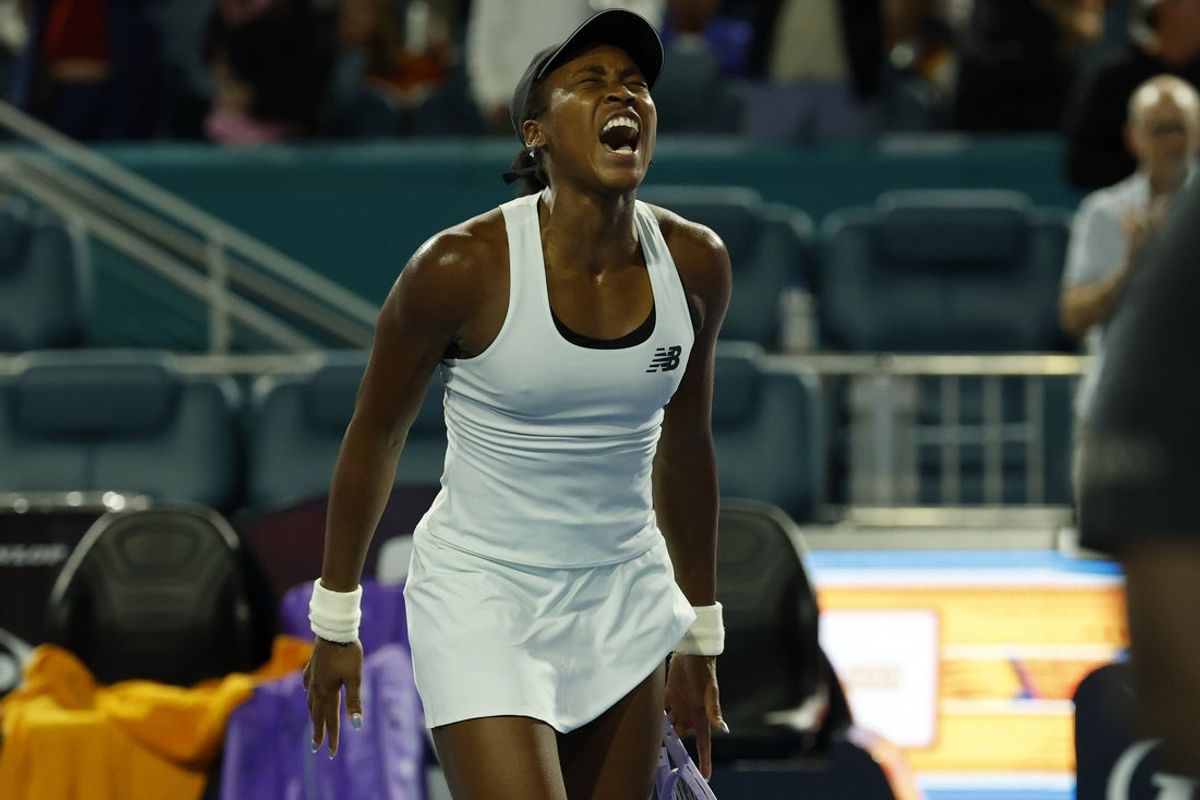 Mar 24, 2026; Miami Gardens, FL, USA; Coco Gauff (USA) celebrates after her match against Belinda Bencic (SUI) (not pictured) on day eight of the 2026 Miami Open at Hard Rock Stadium. Mandatory Credit: Geoff Burke-Imagn Images