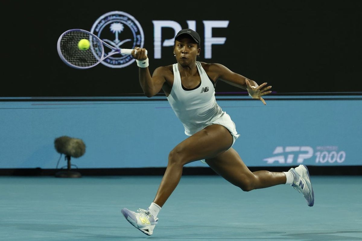 Mar 24, 2026; Miami Gardens, FL, USA; Coco Gauff (USA) hits a forehand against Belinda Bencic (SUI) (not pictured) on day eight of the 2026 Miami Open at Hard Rock Stadium. Mandatory Credit: Geoff Burke-Imagn Images