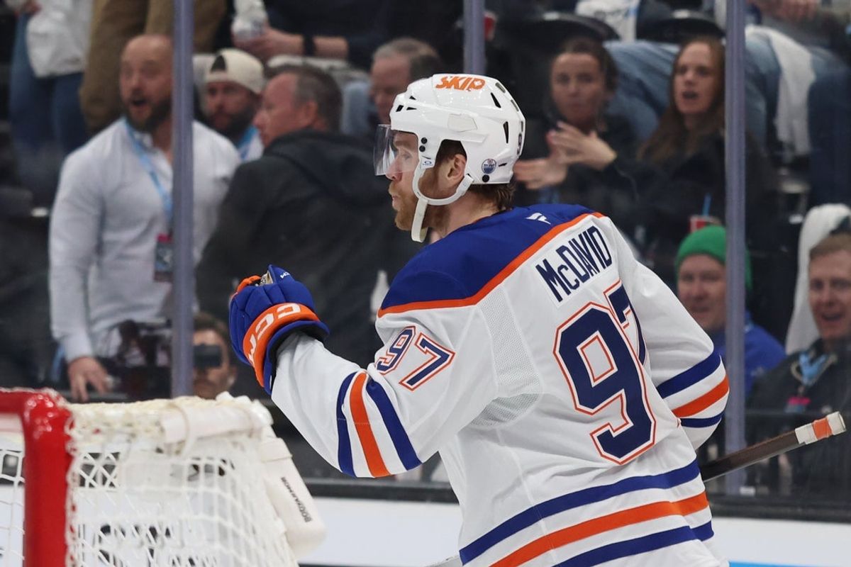 Mar 24, 2026; Salt Lake City, Utah, USA; Edmonton Oilers center Connor McDavid (97) celebrates a goal against the Utah Mammoth during the second period at Delta Center. Mandatory Credit: Rob Gray-Imagn Images