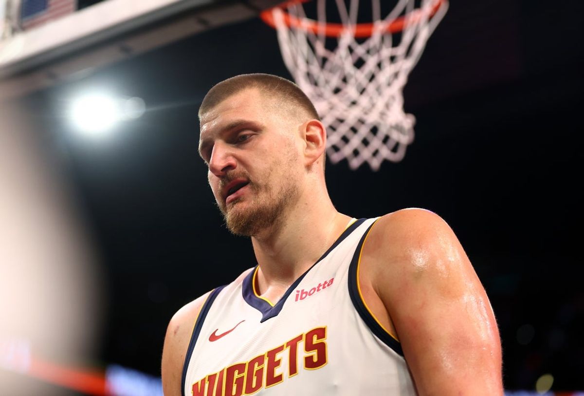 Mar 24, 2026; Phoenix, Arizona, USA; Denver Nuggets center Nikola Jokic (15) against the Phoenix Suns in the first half at Mortgage Matchup Center. Mandatory Credit: Mark J. Rebilas-Imagn Images