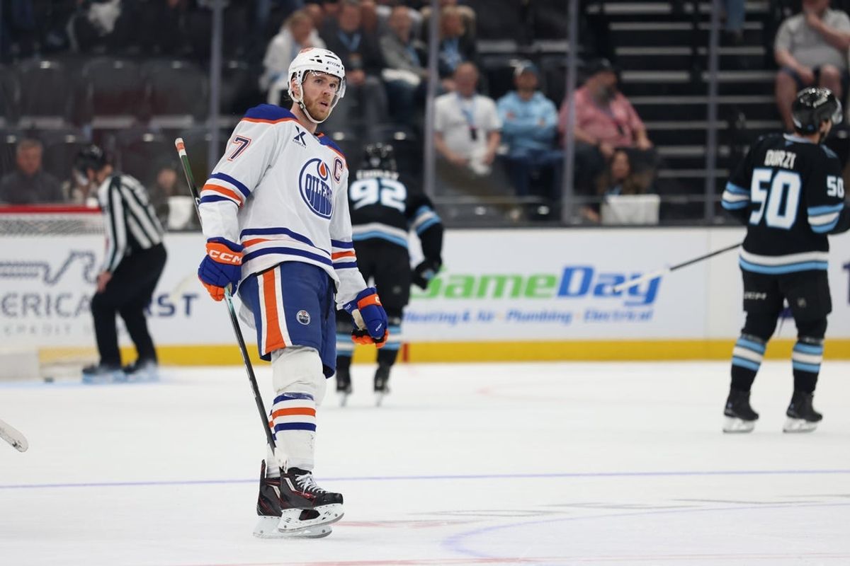 Mar 24, 2026; Salt Lake City, Utah, USA; Edmonton Oilers center Connor McDavid (97) reacts to scoring an open net goal against the Utah Mammoth during the third period at Delta Center. Mandatory Credit: Rob Gray-Imagn Images