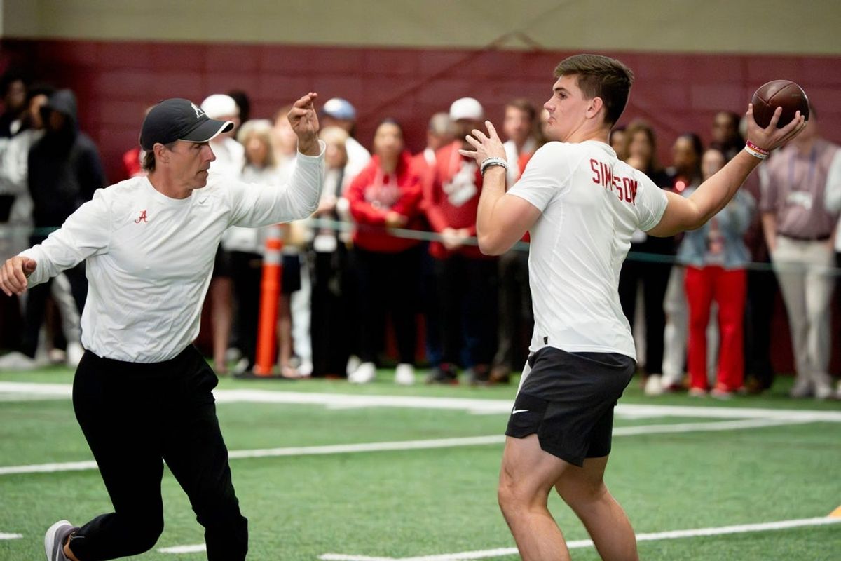 March 25, 2026; Tuscaloosa, AL, USA; Quarterback Ty Simpson throws during Pro Day in the Hank Crisp Indoor Practice Facility at the University of Alabama.