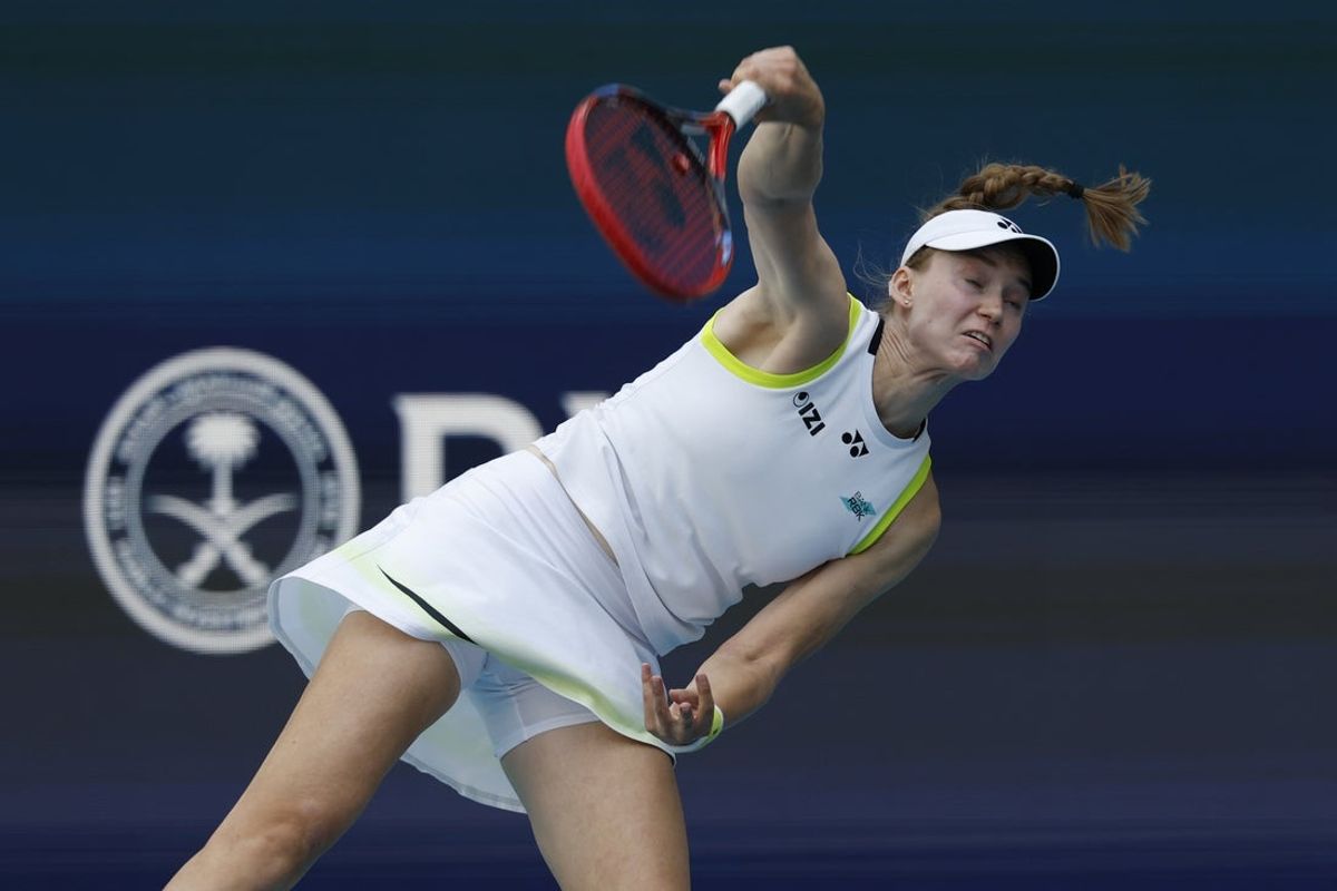Mar 25, 2026; Miami Gardens, FL, USA; Elena Rybakina (KAZ) serves against Jessica Pegula (USA) (not pictured) on day nine of the 2026 Miami Open at Hard Rock Stadium. Mandatory Credit: Geoff Burke-Imagn Images