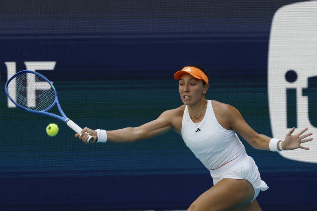 Mar 25, 2026; Miami Gardens, FL, USA; Jessica Pegula (USA) reaches for a forehand against Elena Rybakina (KAZ) (not pictured) on day nine of the 2026 Miami Open at Hard Rock Stadium. Mandatory Credit: Geoff Burke-Imagn Images
