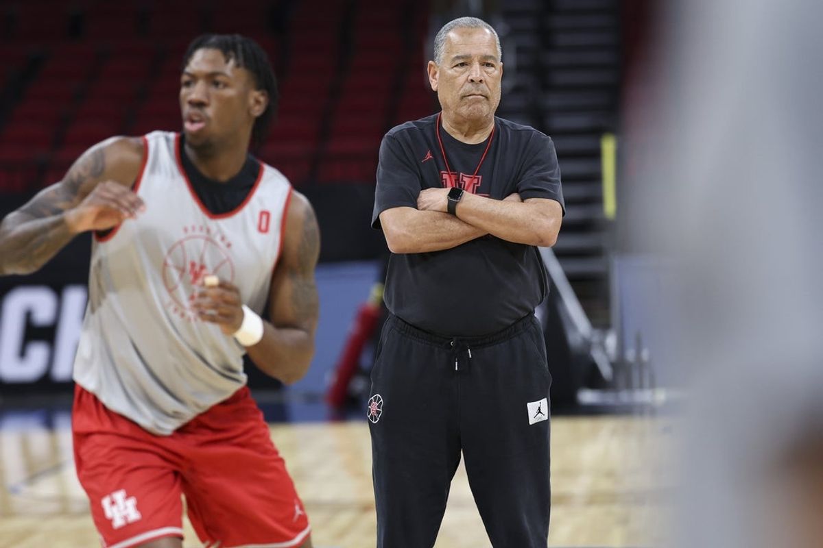 Mar 25, 2026; Houston, TX, USA; Houston Cougars head coach Kelvin Sampson during a practice session ahead of the south regional of the men's 2026 NCAA Tournament at Toyota Center. Mandatory Credit: Troy Taormina-Imagn Images