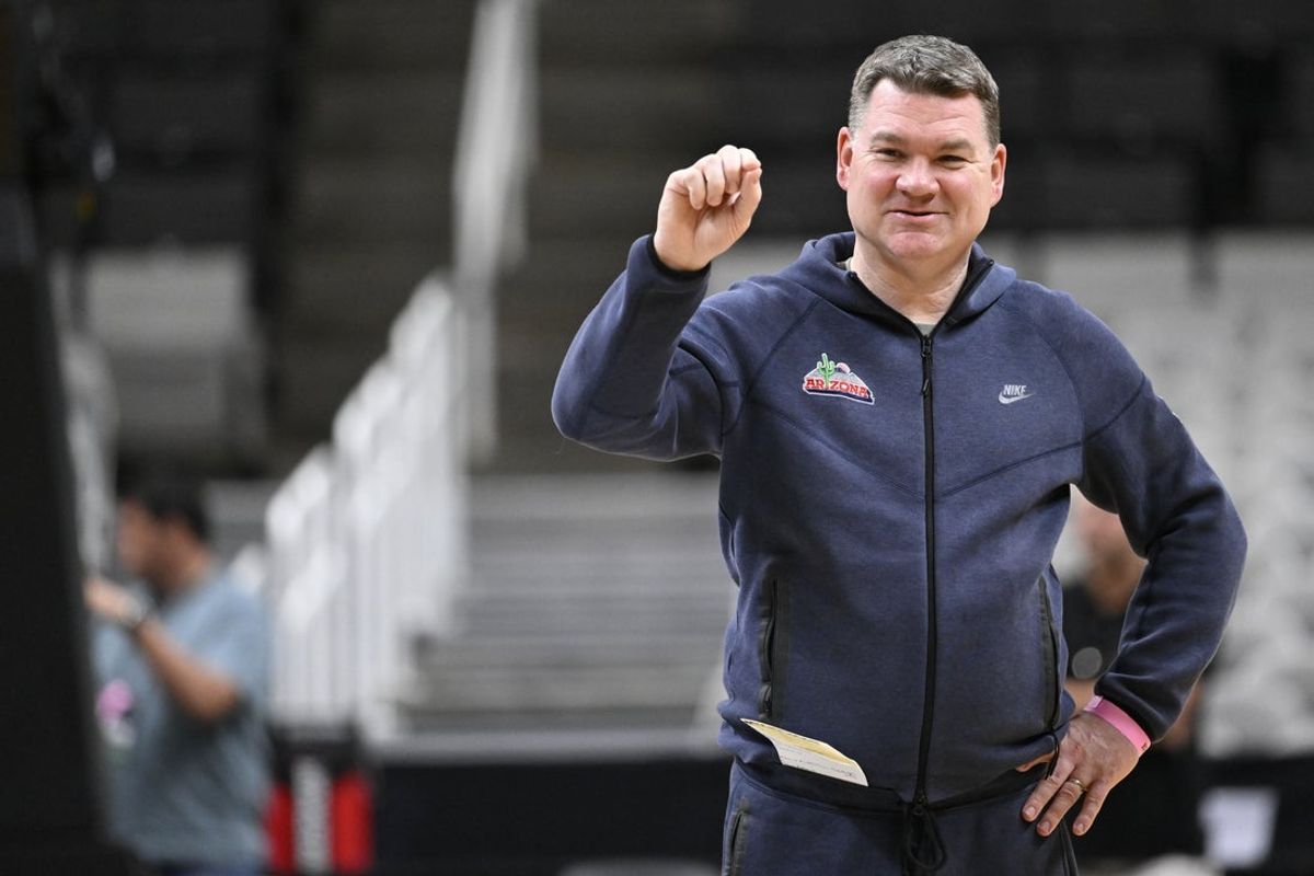 Mar 25, 2026; San Jose, CA, USA; Arizona Wildcats head coach Tommy Lloyd talks during a practice session ahead of the west regional of the men's 2026 NCAA Tournament at SAP Center. Mandatory Credit: Eakin Howard-Imagn Images