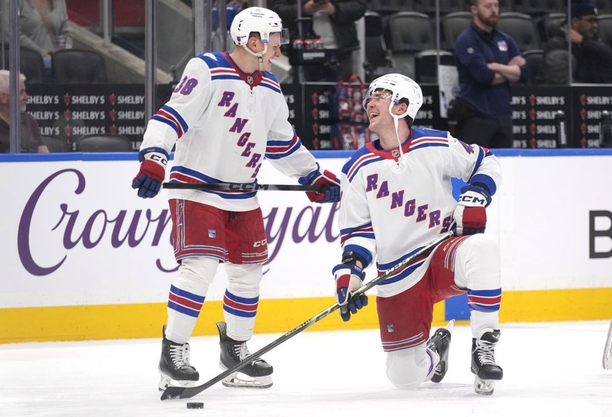 Mar 25, 2026; Toronto, Ontario, CAN;  New York Rangers forward Adam Sykora (38) and forward Gabe Perreault (94) laugh during warm up before a game against the Toronto Maple Leafs at Scotiabank Arena. Mandatory Credit: John E. Sokolowski-Imagn Images