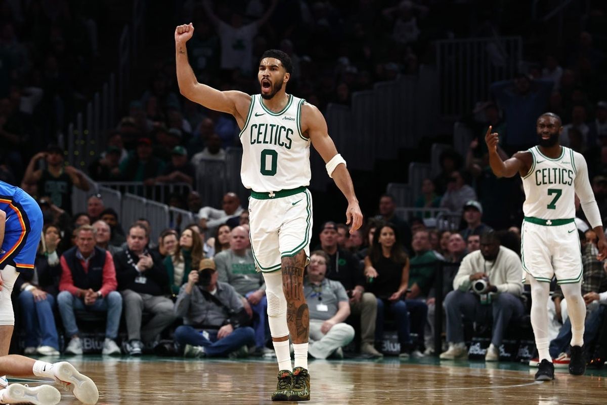 Mar 25, 2026; Boston, Massachusetts, USA; Boston Celtics forward Jayson Tatum (0) reacts to being called for an offensive foul during the second quarter against the Oklahoma City Thunder at TD Garden. Mandatory Credit: Winslow Townson-Imagn Images