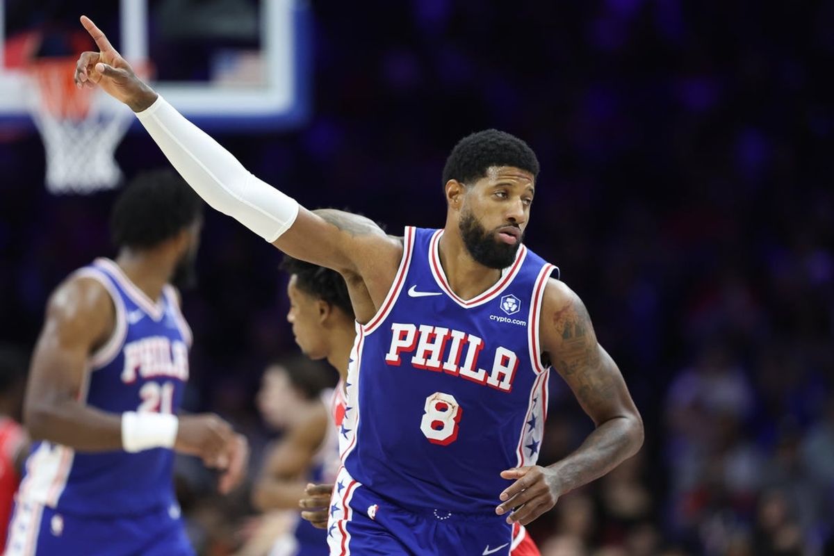Mar 25, 2026; Philadelphia, Pennsylvania, USA; Philadelphia 76ers forward Paul George (8) reacts after his three pointer against the Chicago Bulls during the third quarter at Xfinity Mobile Arena. Mandatory Credit: Bill Streicher-Imagn Images