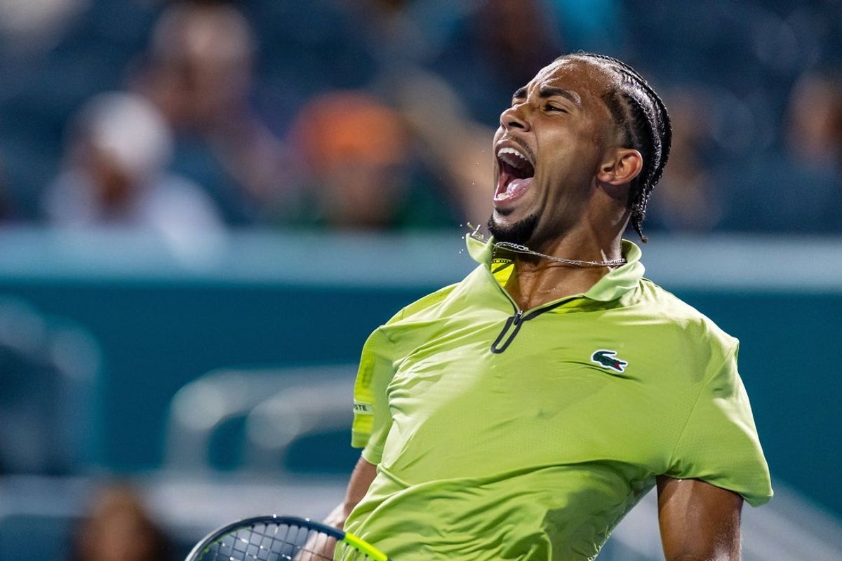 Mar 25, 2026; Miami Gardens, FL, USA;  Arthur Fils of France celebrates during his match against Tommy Paul of the United States in the quarter finals of the men’s singles at the Miami Open at Hard Rock Stadium. Mandatory Credit: Mike Frey-Imagn Images