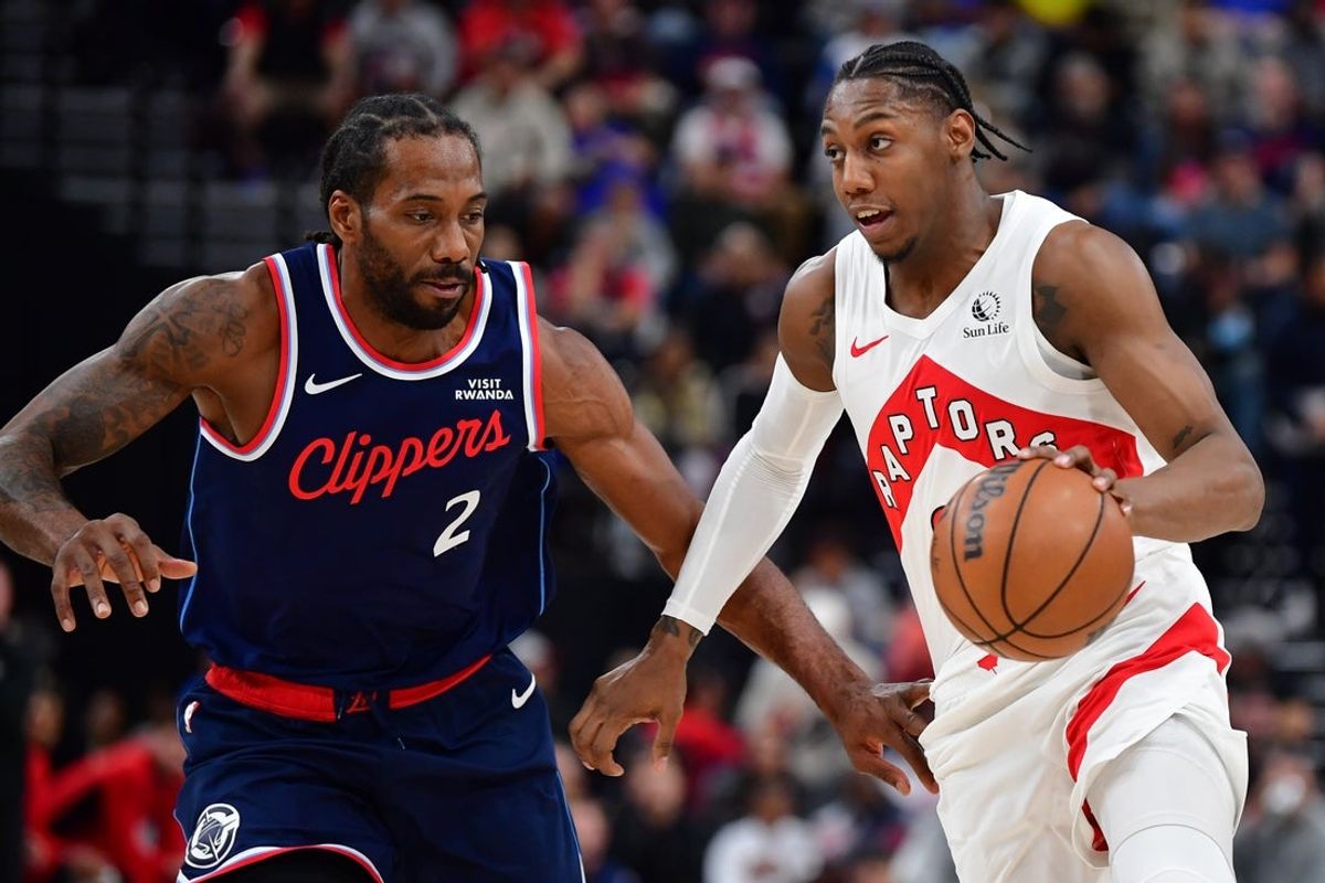 Mar 25, 2026; Inglewood, California, USA;  Toronto Raptors forward RJ Barrett (9) moves the ball against Los Angeles Clippers forward Kawhi Leonard (2) during the first half at Intuit Dome. Mandatory Credit: Gary A. Vasquez-Imagn Images