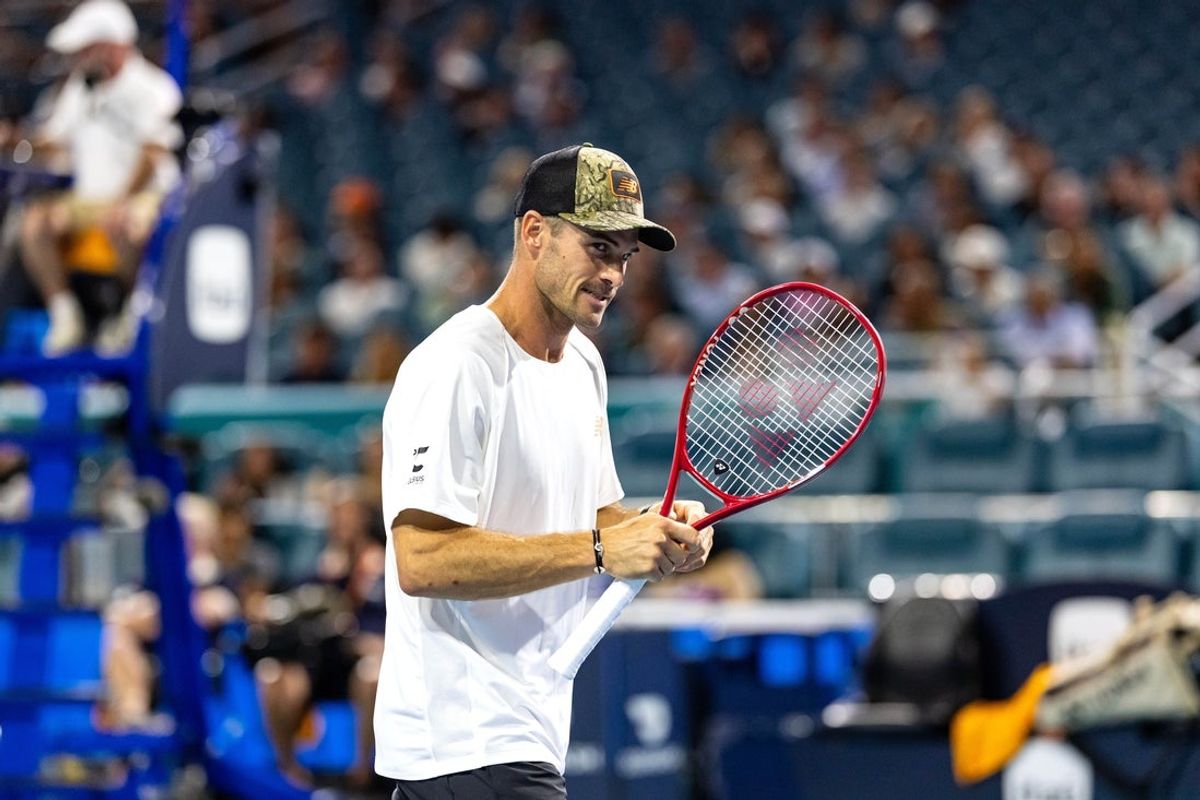Mar 25, 2026; Miami Gardens, FL, USA; Tommy Paul of the United States reacts during his match against Arthur Fils of France in the quarter finals of the men’s singles at the Miami Open at Hard Rock Stadium. Mandatory Credit: Mike Frey-Imagn Images