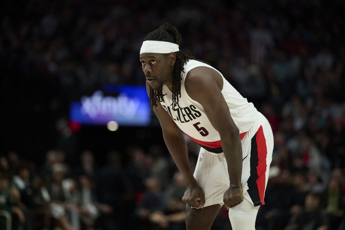 Mar 25, 2026; Portland, Oregon, USA; Portland Trail Blazers guard Jrue Holiday (5) watches during a break against Milwaukee Bucks at Moda Center. Mandatory Credit: Troy Wayrynen-Imagn Images