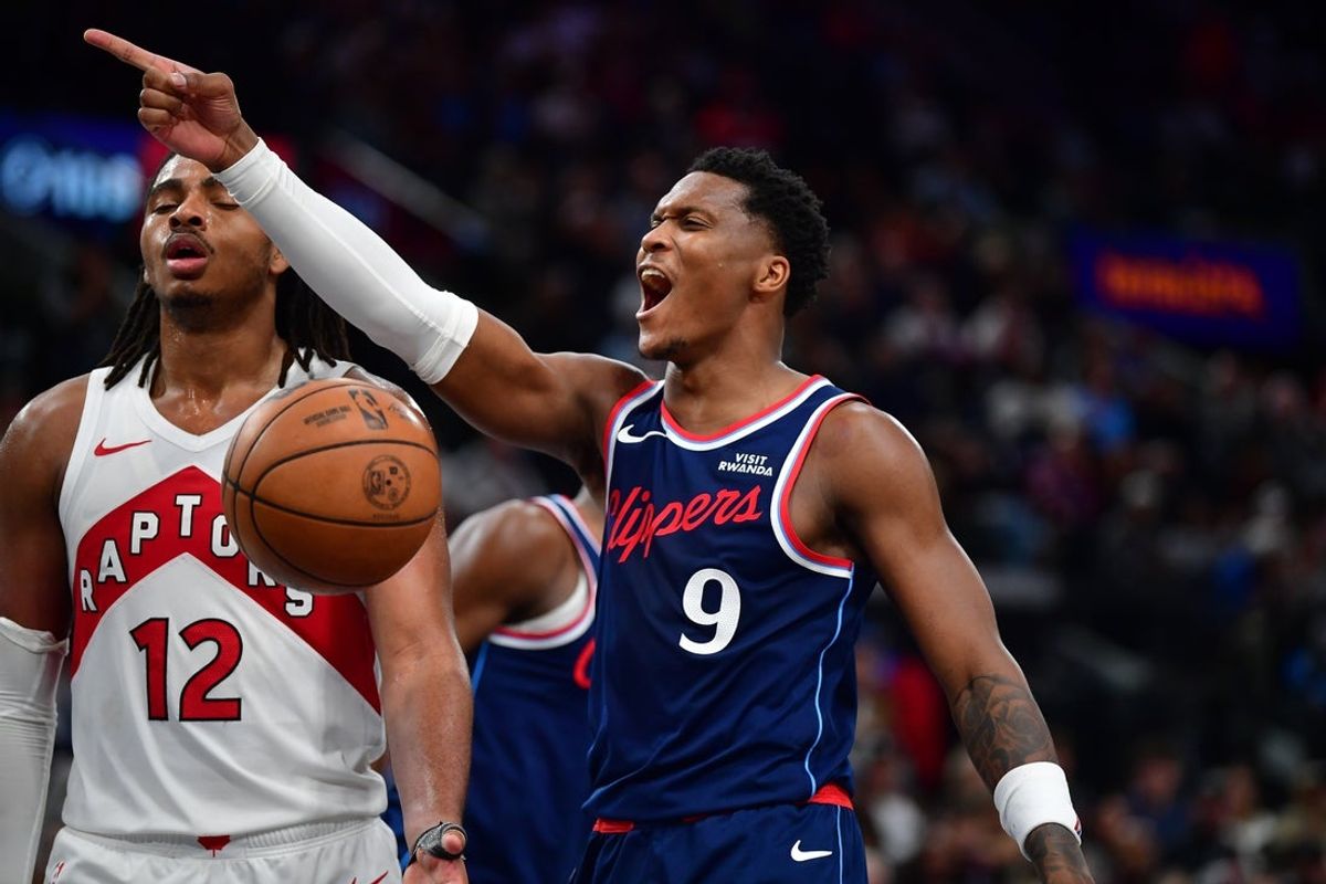 Mar 25, 2026; Inglewood, California, USA; Los Angeles Clippers guard Bennedict Mathurin (9) reacts after scoring a basket and drawing the foul against the Toronto Raptors during the second half at Intuit Dome. Mandatory Credit: Gary A. Vasquez-Imagn Images