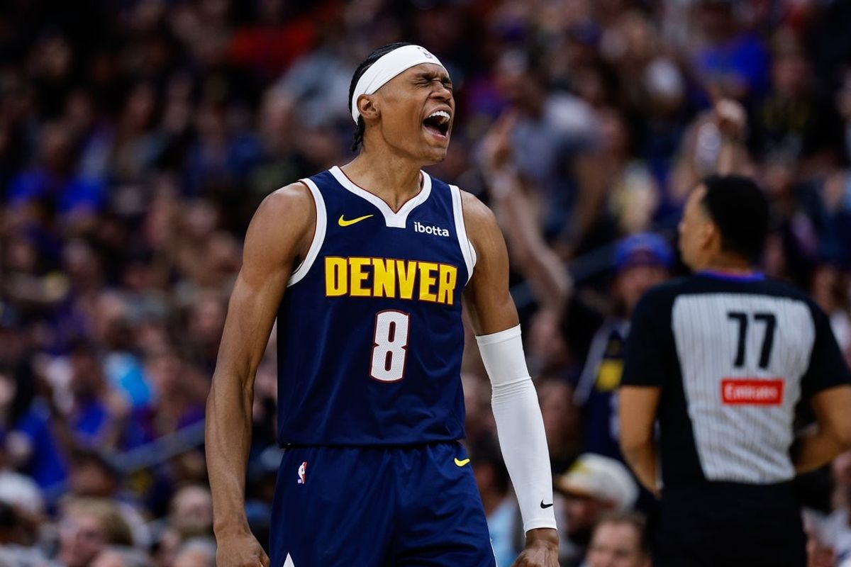 Mar 25, 2026; Denver, Colorado, USA; Denver Nuggets guard Peyton Watson (8) reacts after a play in the fourth quarter against the Dallas Mavericks at Ball Arena. Mandatory Credit: Isaiah J. Downing-Imagn Images