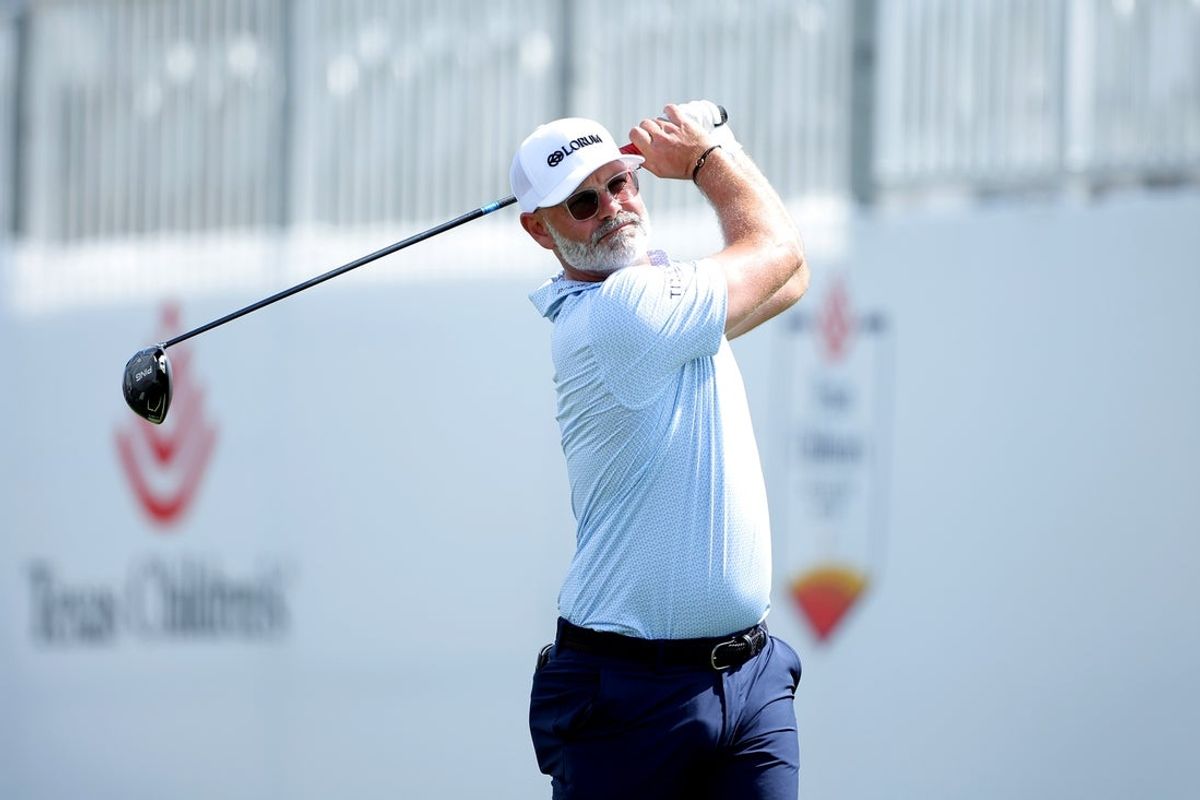 Mar 26, 2026; Houston, Texas, USA; Paul Waring of England hits a tee shot on the first hole during the first round of the Texas Children's Houston Open golf tournament. Mandatory Credit: Erik Williams-Imagn Images