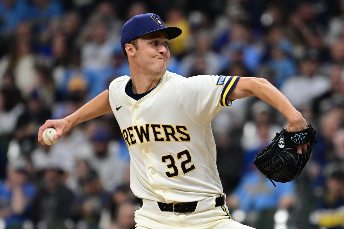 Mar 26, 2026; Milwaukee, Wisconsin, USA; Milwaukee Brewers starting pitcher Jacob Misiorowski (32) throws a pitch in the first inning against the Chicago White Sox at American Family Field. Mandatory Credit: Benny Sieu-Imagn Images