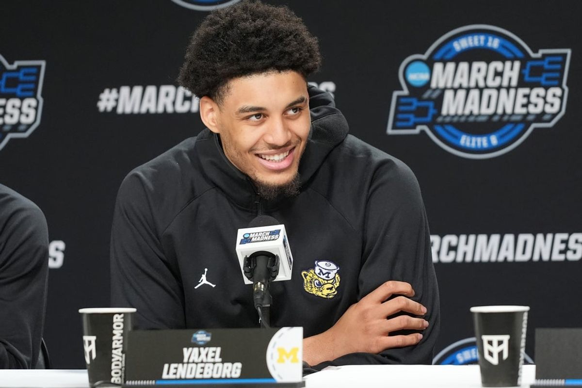 Mar 26, 2026; Chicago, IL, USA; Michigan Wolverines forward Yaxel Lendeborg (23) during a press conference ahead of the midwest regional of the men's 2026 NCAA Tournament at United Center. Mandatory Credit: David Banks-Imagn Images