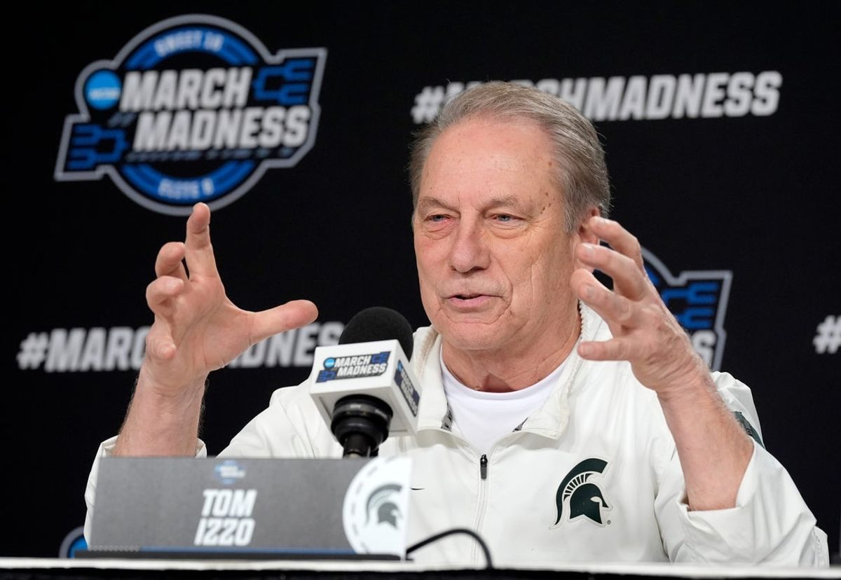 Michigan State basketball coach Tom Izzo tells a story to the media while recalling his very first Sweet 16 during a press conference at Capital One Arena in Washington DC on Thursday, March 26, 2026. 
The Spartans play the University of Connecticut on Friday evening.